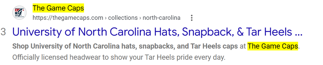 Google result for unc hat: The Game Caps listing in position 3