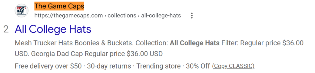 Google result for college hats: The Game Caps listing in position 2