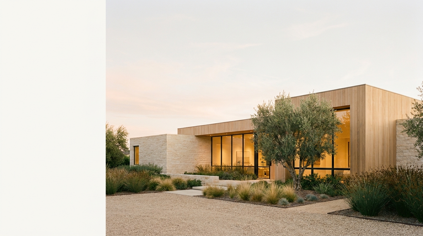 Modern home with warm lit windows at dusk