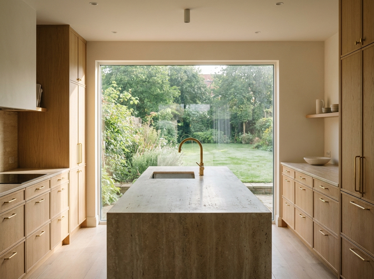 Oak kitchen with stone island facing a garden