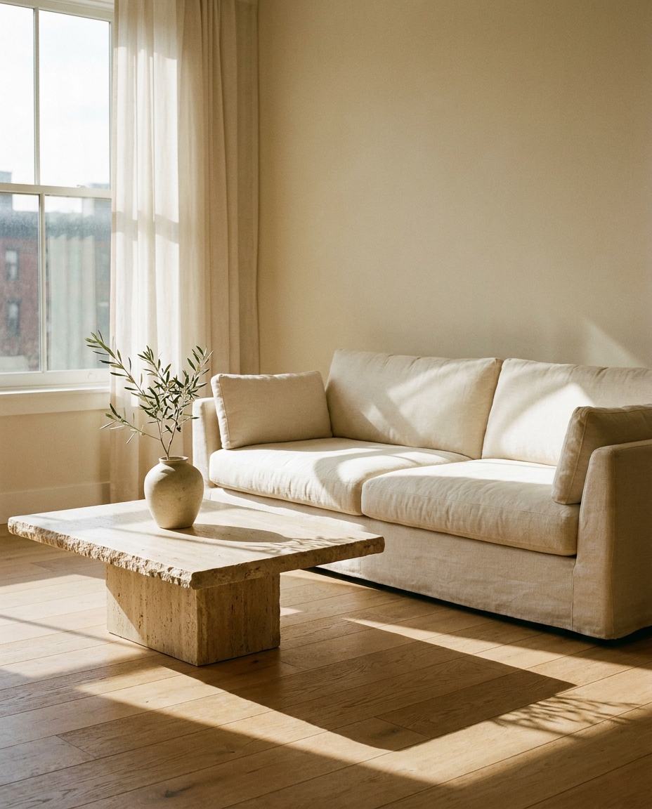 Sunlit living room with linen sofa and stone table