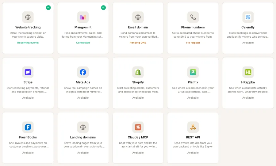 Settings → Integrations in 314: website tracking and Mangomint connected, with Calendly, Stripe, Meta Ads, Shopify, Planfix, HRappka, FreshBooks, Claude and the REST API ready to connect