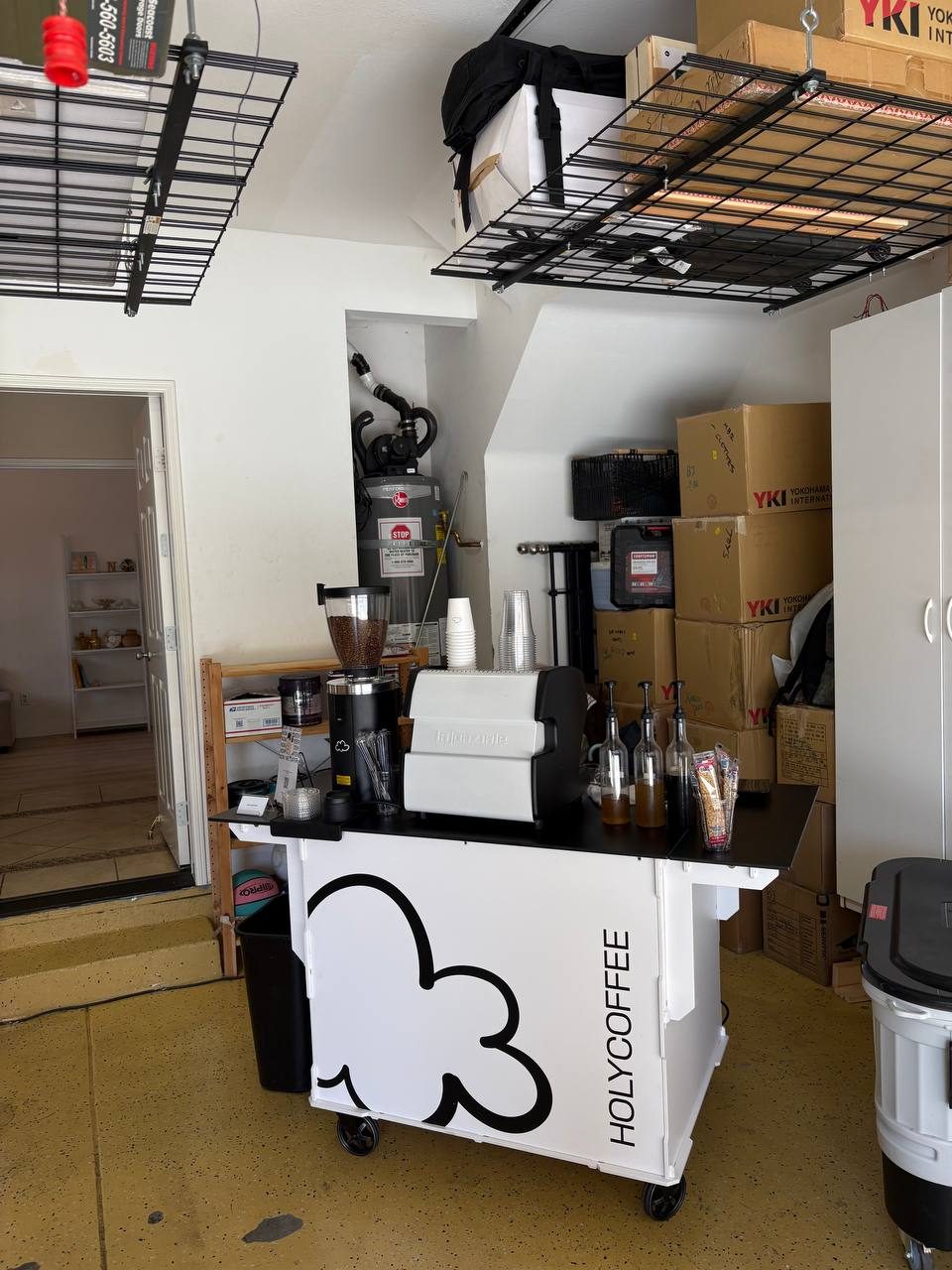 Holy Coffee cart set up and ready to serve at a private home event