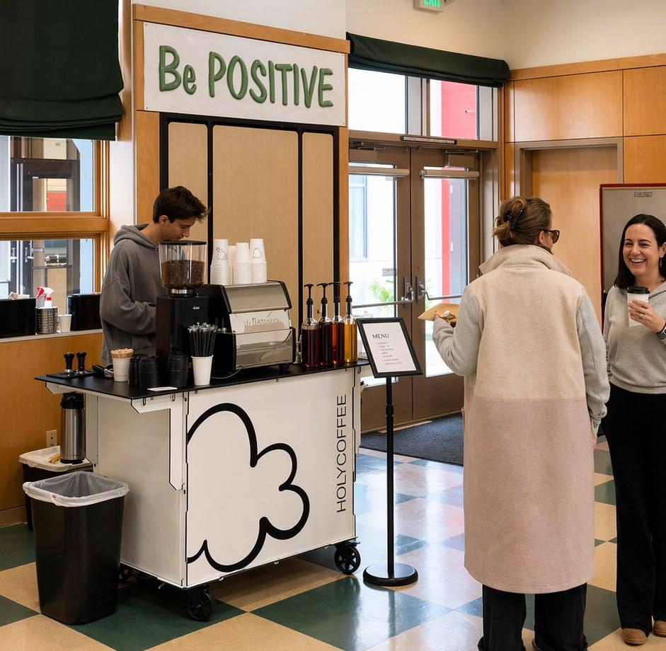 Holy Coffee cart serving guests indoors at an office event, barista at the espresso machine