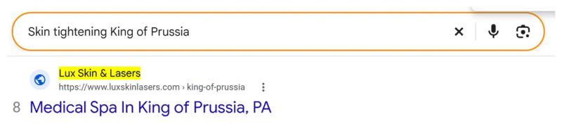 Google result 8: Lux Skin & Lasers for Skin tightening King of Prussia