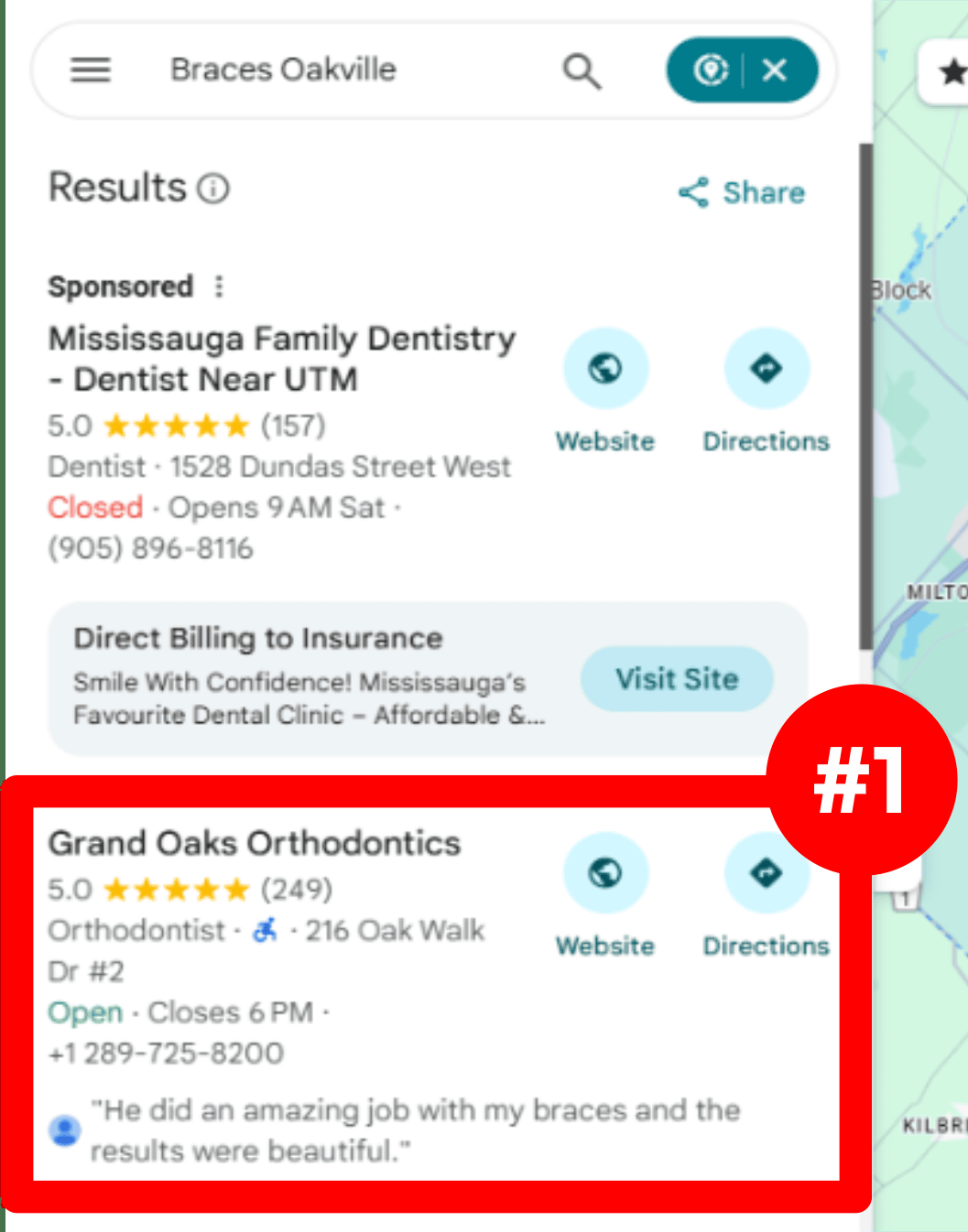 Google Maps results for Braces Oakville: one sponsored dentist, then Grand Oaks Orthodontics, 5.0 stars from 249 reviews, marked #1