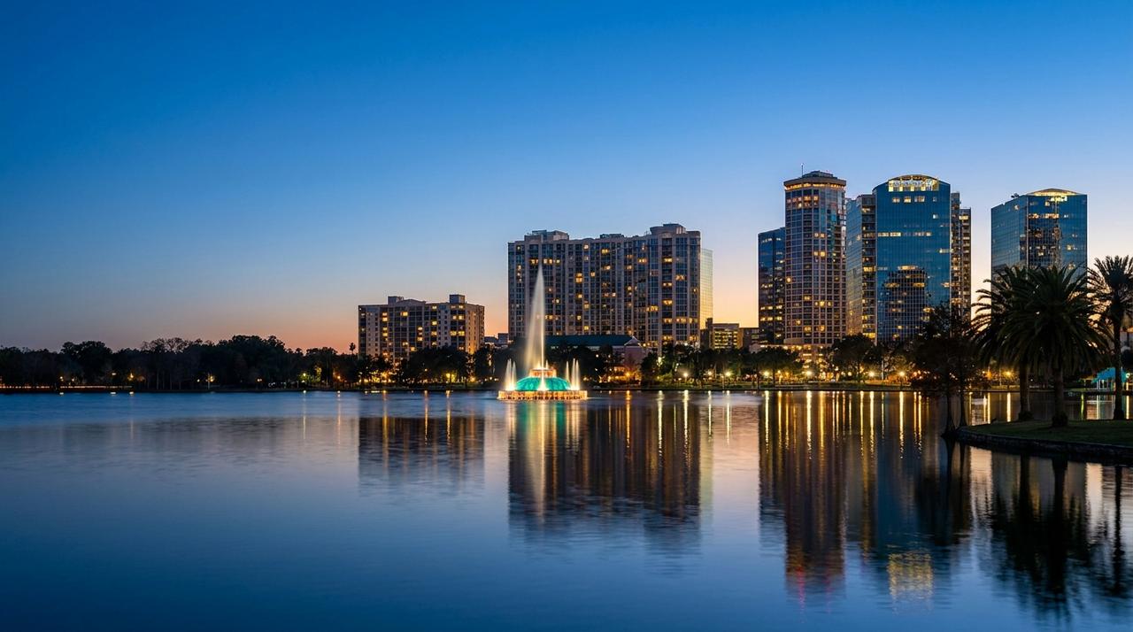Downtown Orlando skyline at blue hour across Lake Eola, with the lit fountain and palm trees reflected in the water