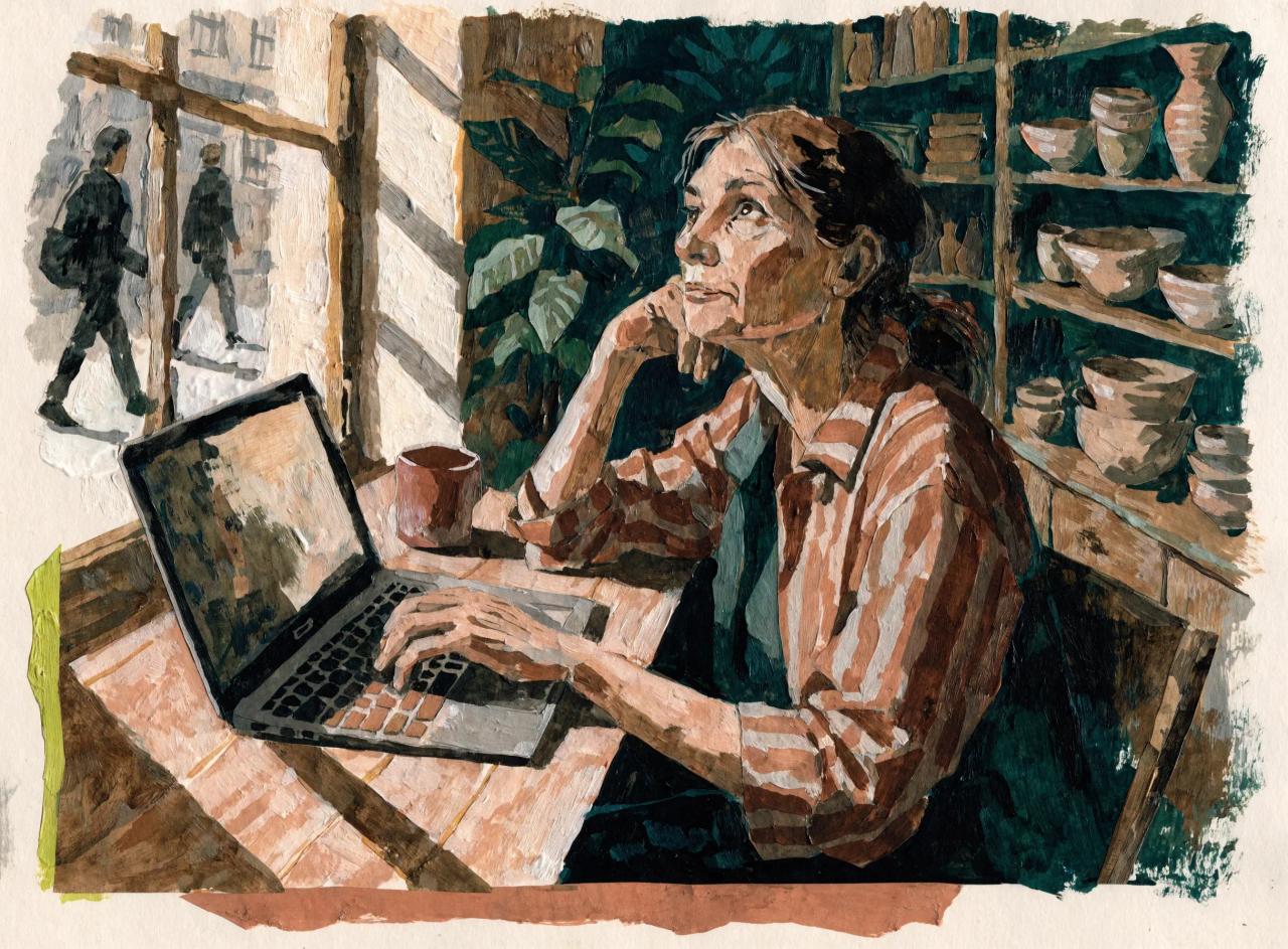 Editorial illustration of a shop owner working beside a sunlit window.