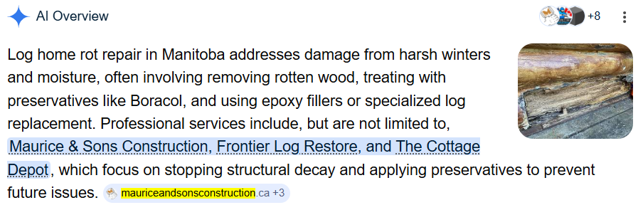 Google AI Overview on log home rot repair in Manitoba, naming Maurice and Sons Construction first