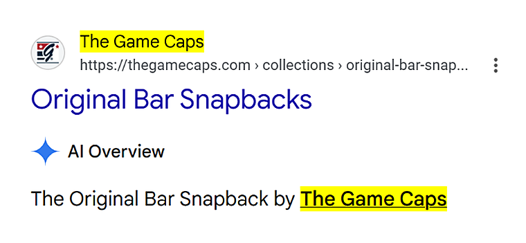The Game Caps as the first Google result for Original Bar Snapbacks and named in the AI Overview