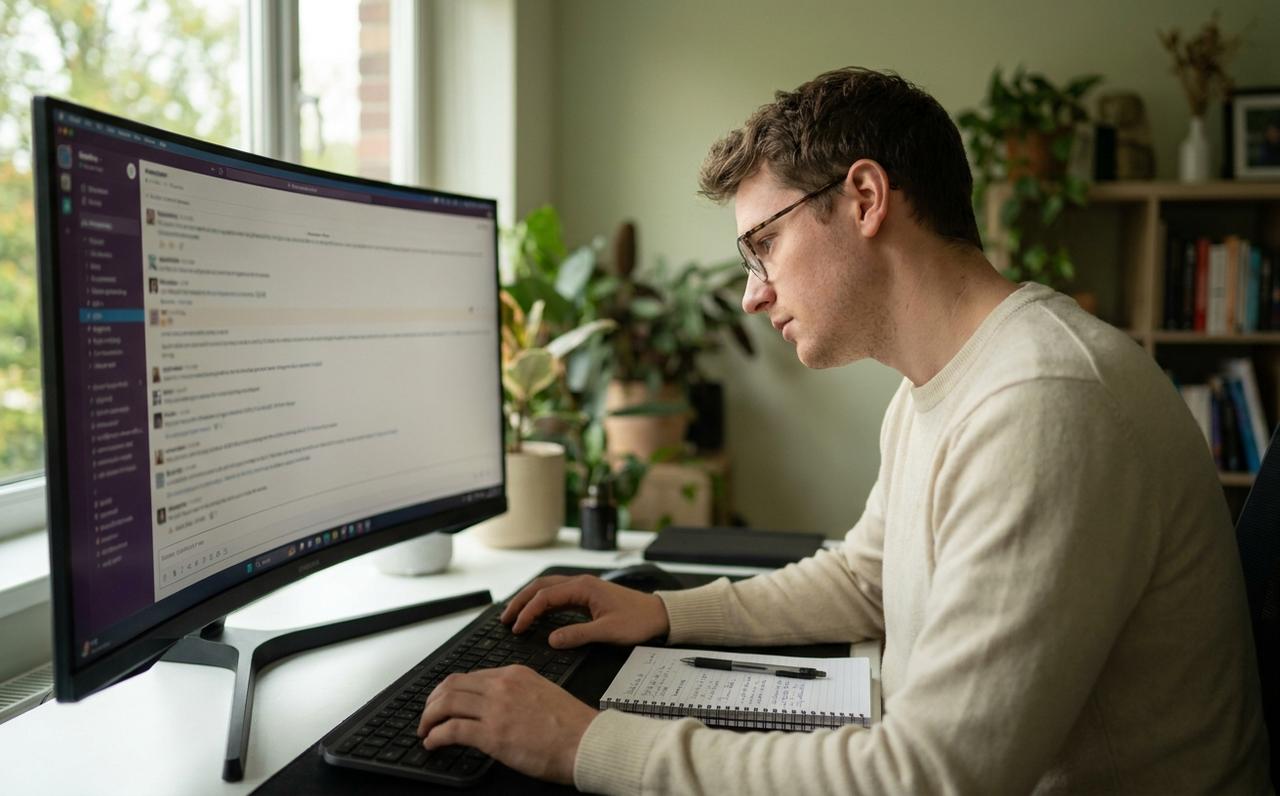 Business owner reading an AI chat answer on a large monitor