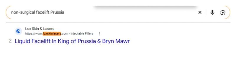 Google result 2: Lux Skin & Lasers for non-surgical facelift Prussia