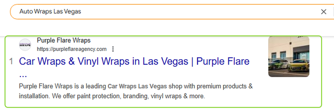 Google search for Auto Wraps Las Vegas: Purple Flare Wraps is result number 1