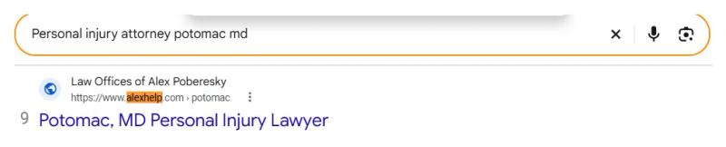 Google result 9: Law Offices of Alex Poberesky for Personal injury attorney potomac md