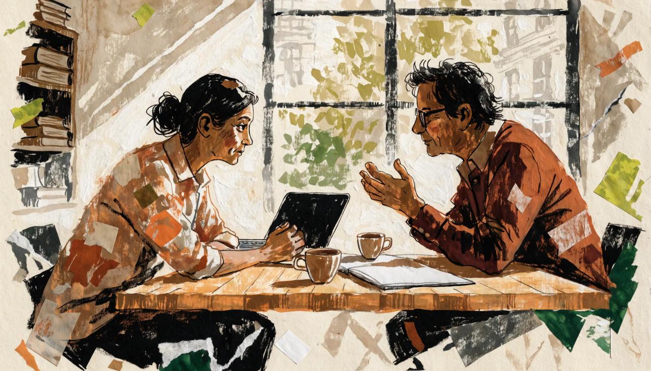 Editorial illustration of two people discussing a business plan over coffee.