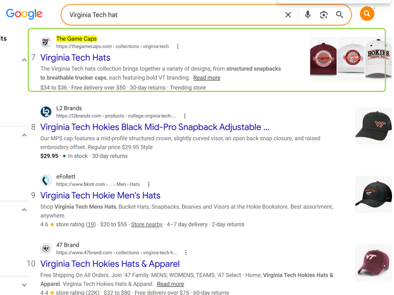 Virginia Tech Hat: The Game Caps at #7, on page one for a single school