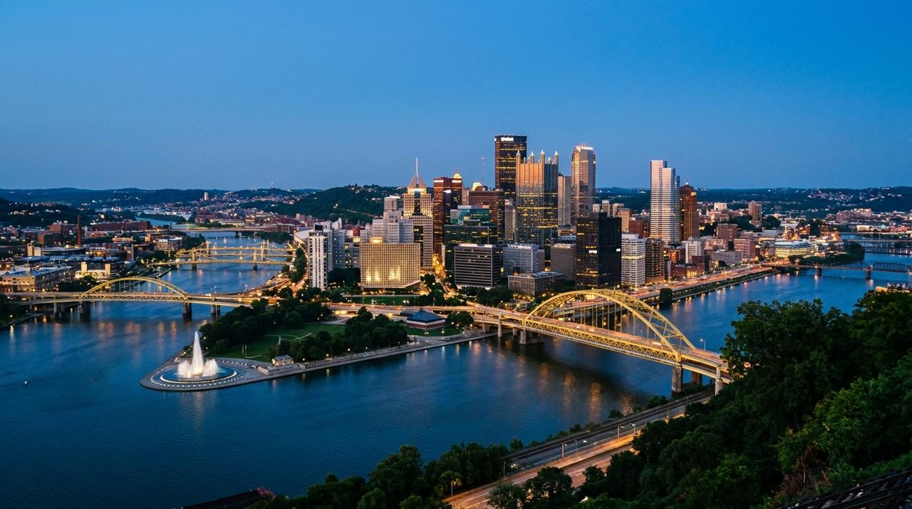 Downtown Pittsburgh skyline at blue hour from Mount Washington, with the Point fountain, the three rivers and the lit Fort Pitt Bridge