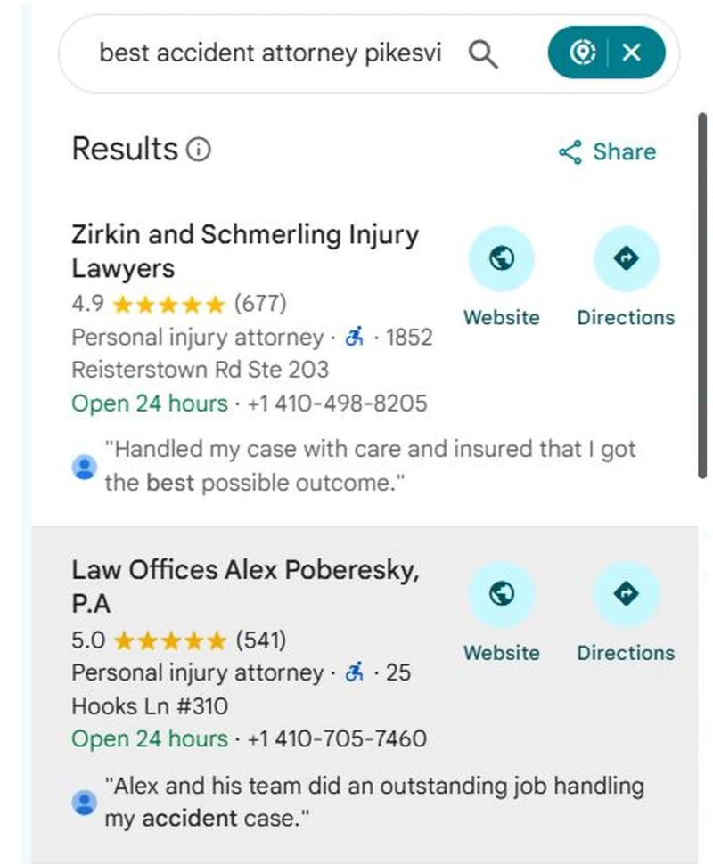 Google Maps results for best accident attorney pikesville with Law Offices Alex Poberesky at position 2