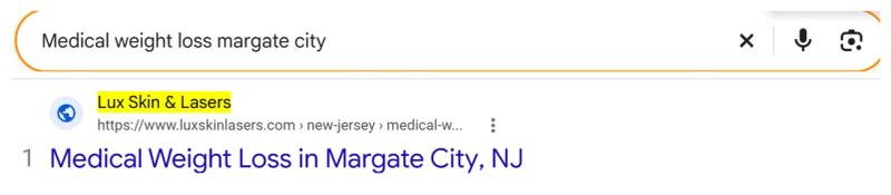 Google result 1: Lux Skin & Lasers for Medical weight loss Margate City
