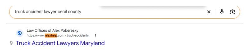 Google result 9: Law Offices of Alex Poberesky for truck accident lawyer cecil county