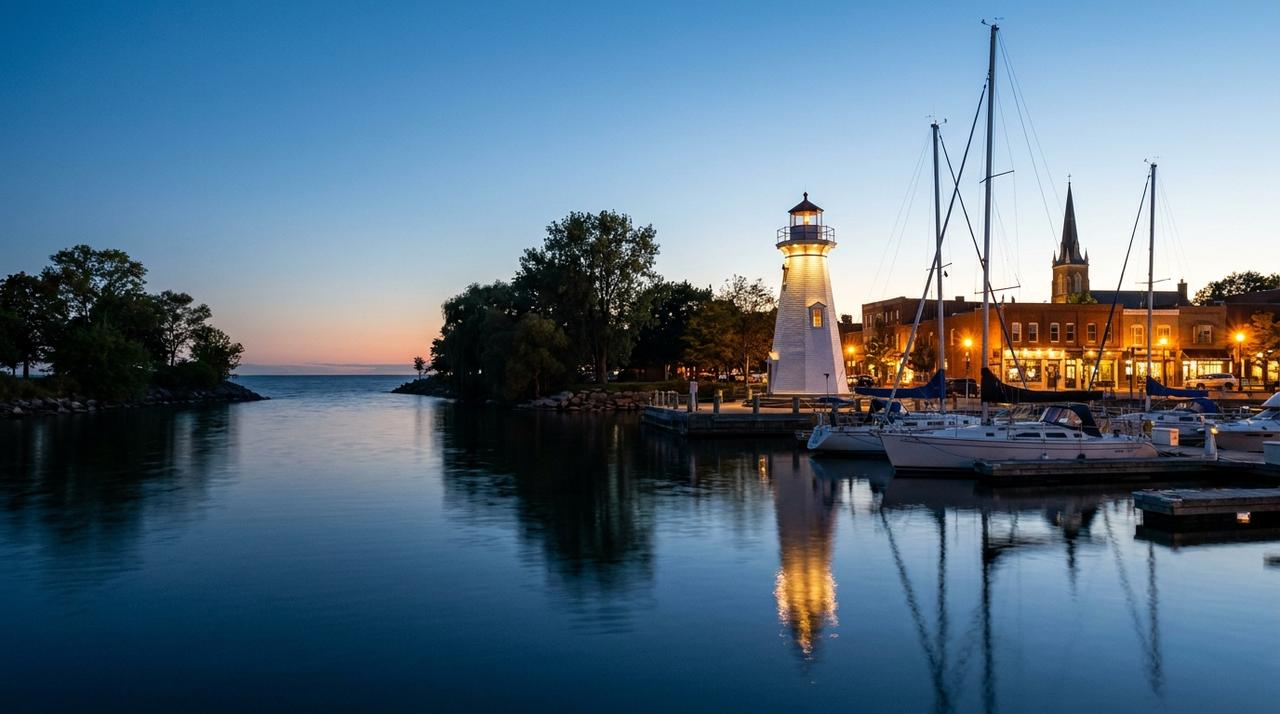 Oakville harbour at blue hour, with the lighthouse at the mouth of Sixteen Mile Creek and downtown Oakville lit up behind