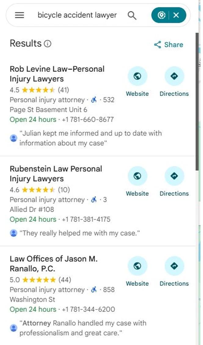Google Maps results for Bicycle Accident Lawyer with Ranallo at position 3