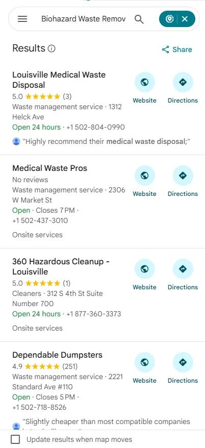 Google Maps results for Biohazard waste removal in Louisville with 360 Hazardous Cleanup at number 3