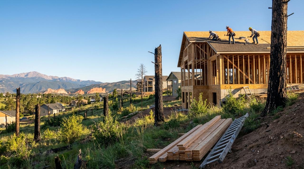 A roofing crew sheathing the roof of a newly framed home on a Colorado Springs foothills slope, with charred pine trunks from an old wildfire, new homes and red rock formations behind
