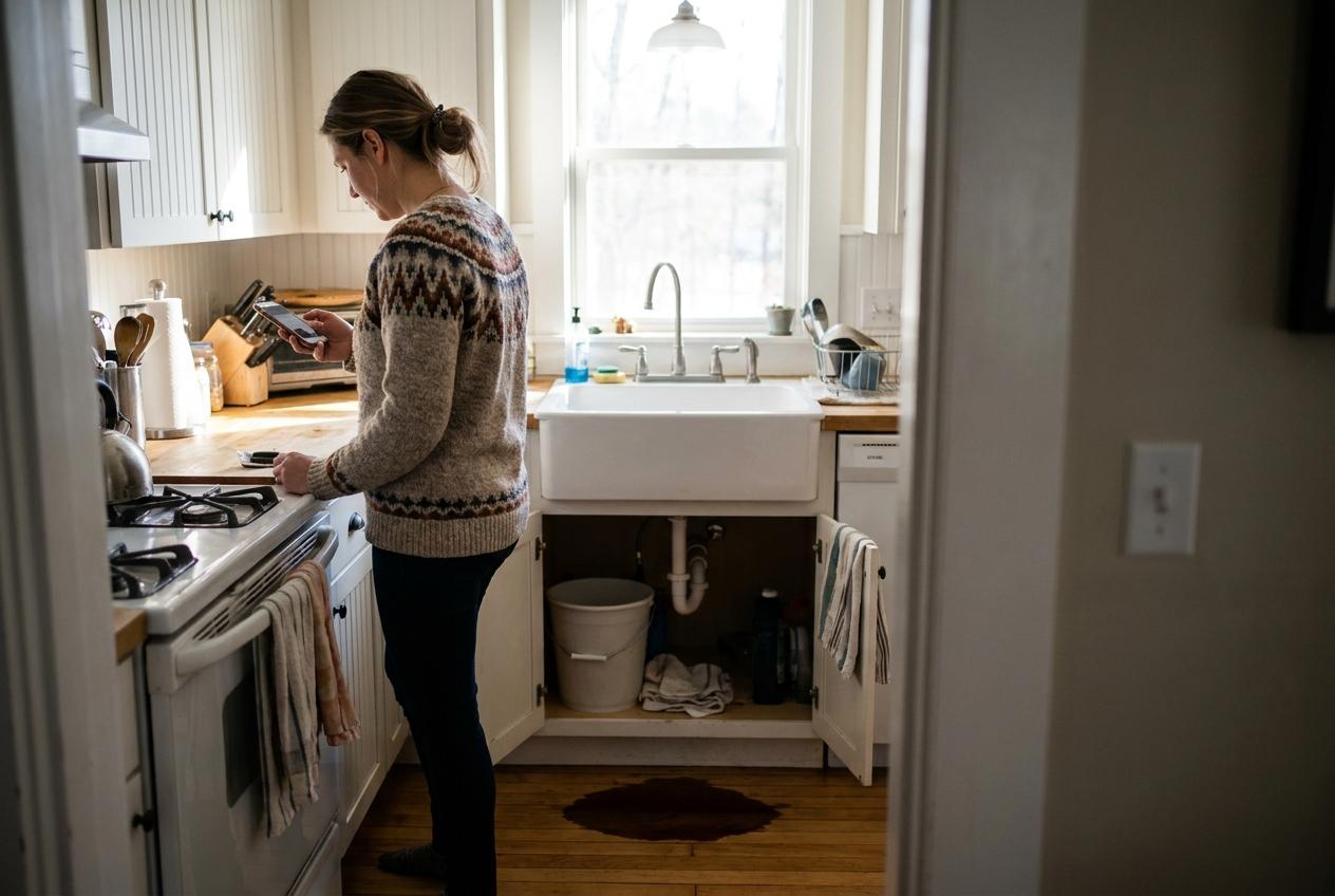 A homeowner kneels by a leaking kitchen sink and searches for help on her phone