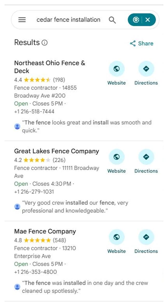 Google Maps results for cedar fence installation Cleveland with Mae Fence Company (Cleveland) at position 3
