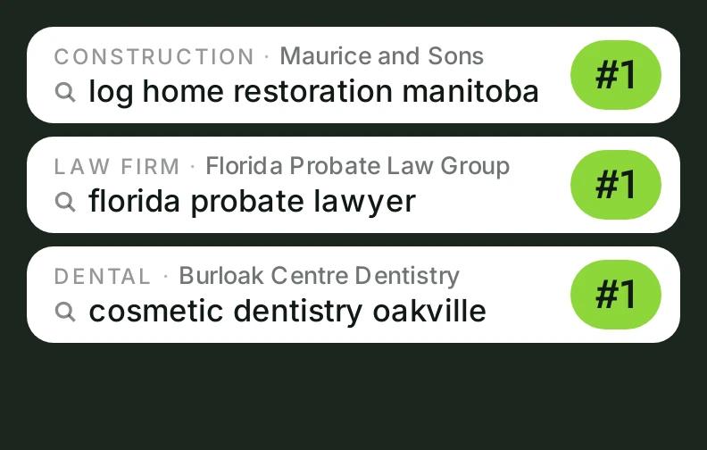 Three Google searches with an Awkward Media client at #1 for each: log home restoration manitoba (Maurice and Sons), florida probate lawyer (Florida Probate Law Group), cosmetic dentistry oakville (Burloak Centre Dentistry)