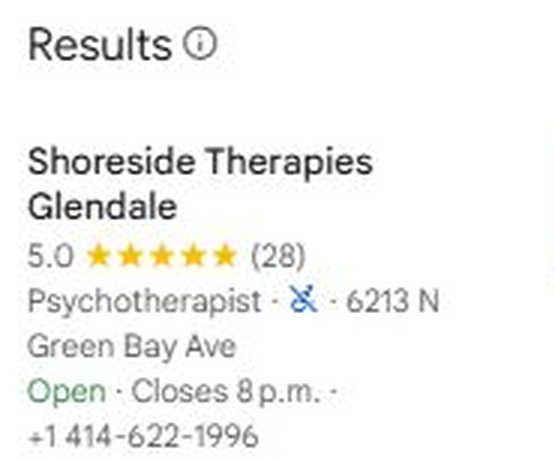 Google Maps results for Therapist Near Glendale Wisconsin with Shoreside Therapies Glendale listed first, 5.0 stars from 28 reviews
