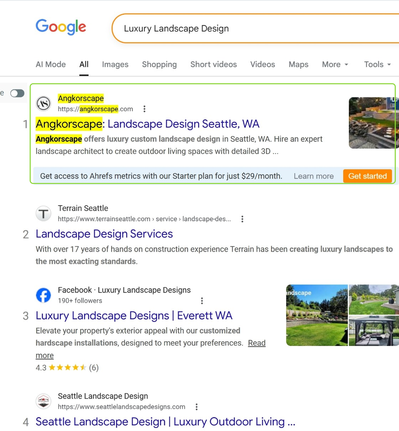 Google result showing Angkorscape first for luxury landscape design