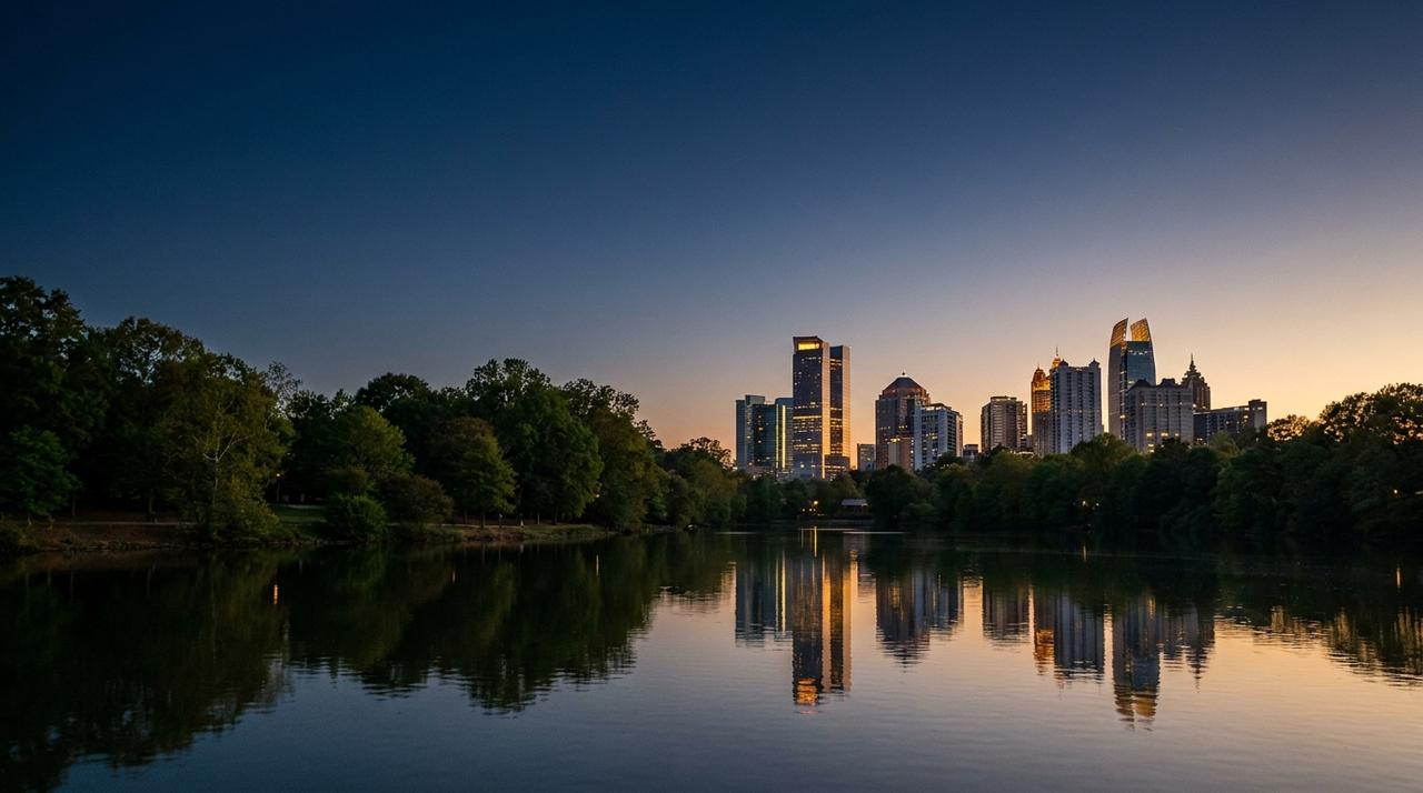 Midtown Atlanta skyline at blue hour, reflected in Lake Clara Meer in Piedmont Park