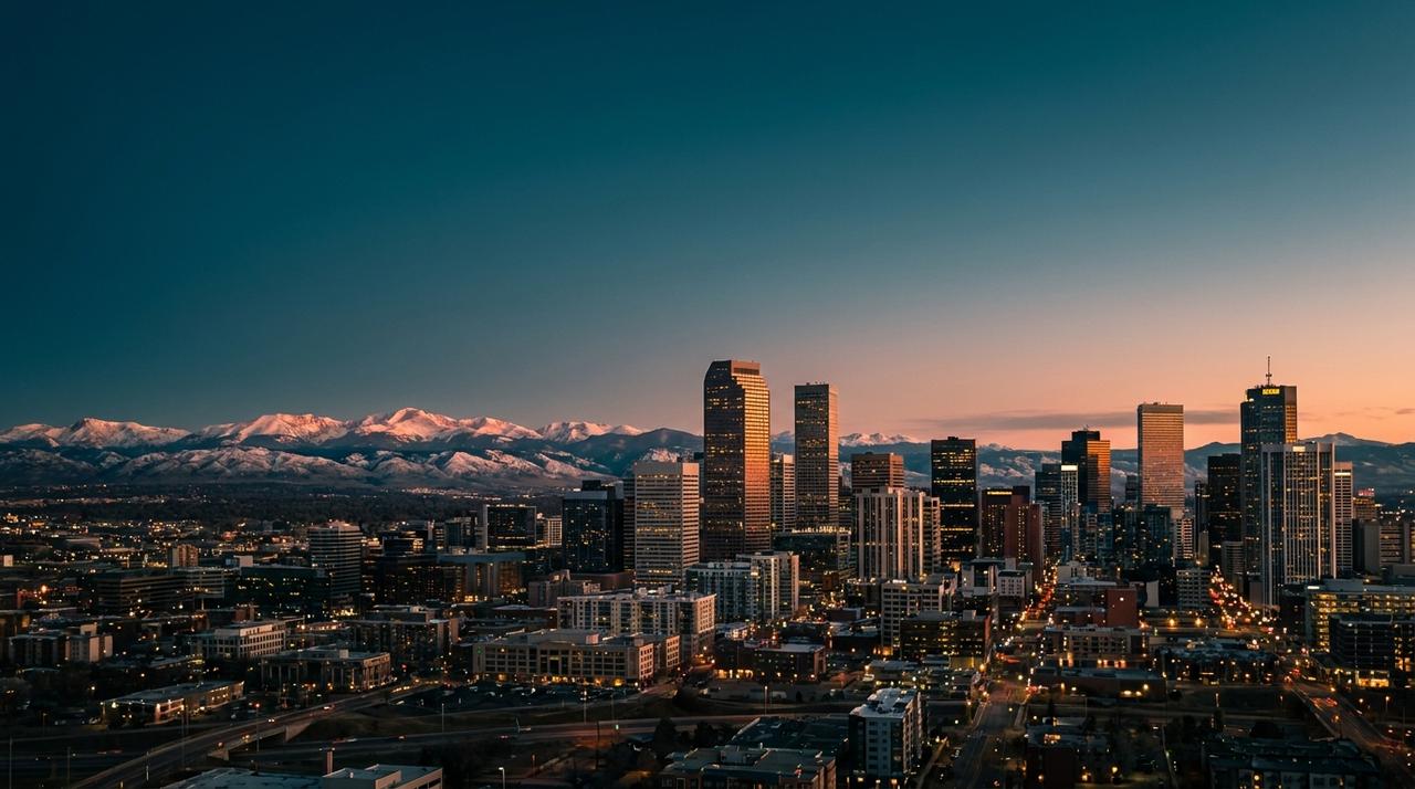 Denver skyline with the Rocky Mountains behind