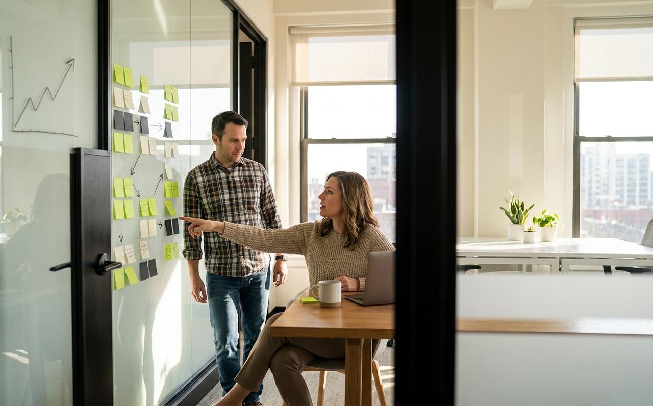 An SEO strategist and a business owner work through a 90-day SEO roadmap of sticky notes on a glass wall