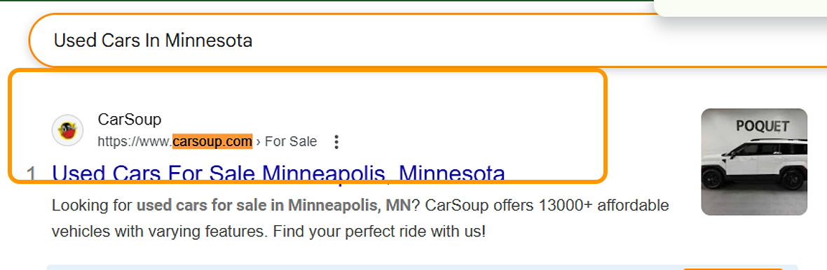 Google search for Used Cars In Minnesota with CarSoup, carsoup.com, as the first result