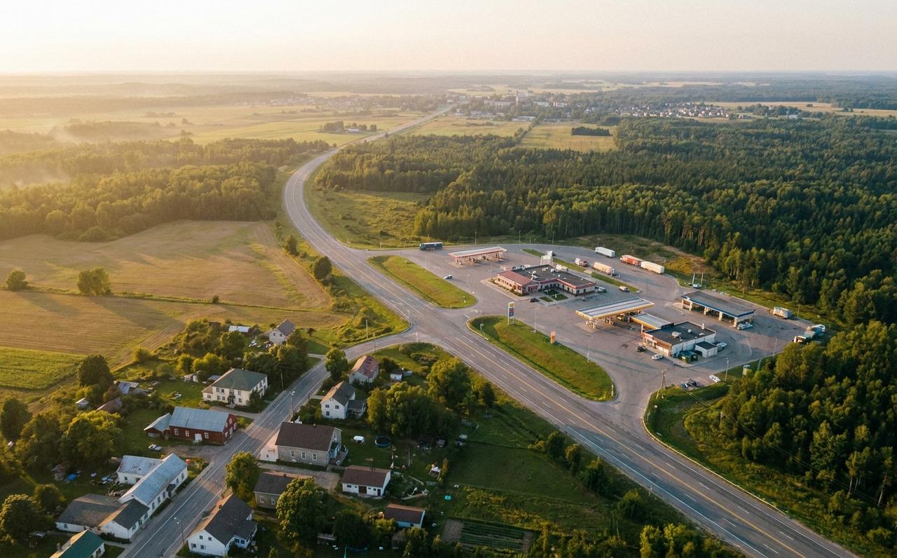 Aerial view of a highway running from one town to another across farmland
