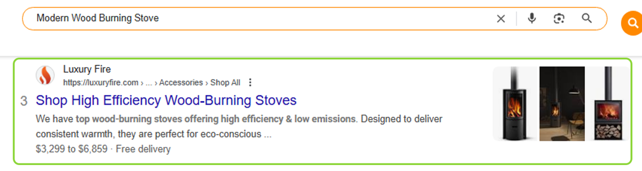 Google search for modern wood burning stove: Luxury Fire result 3