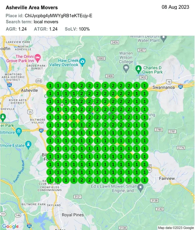 A grid of green dots over a map east of Asheville, each dot showing a 1 or a 2: where Asheville Area Movers ranked for local movers from that spot