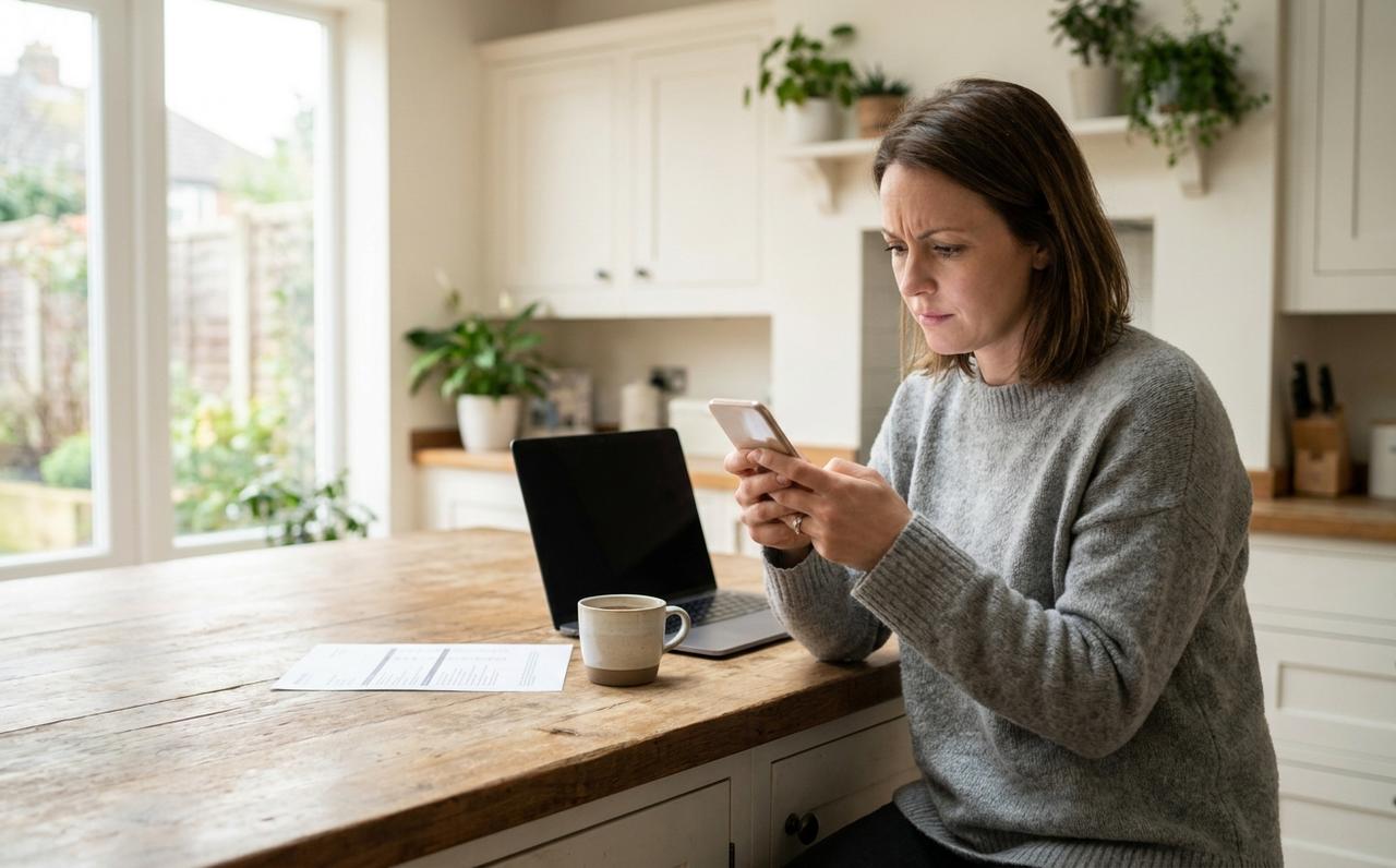 A homeowner at her kitchen island reads an answer on her phone while deciding which contractor to hire