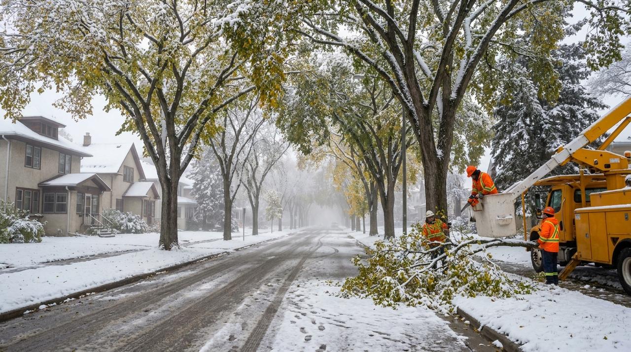A tree crew with a bucket truck clearing a snow-laden elm branch from a sidewalk on a Winnipeg residential street after an early October snowstorm