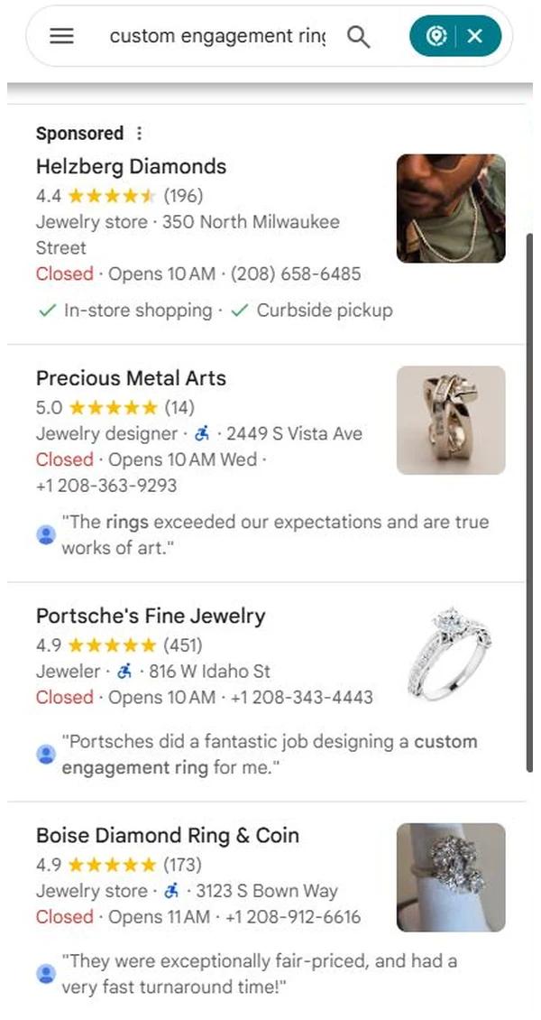 Google Maps results for Custom Engagement Rings with Boise Diamond at position 3