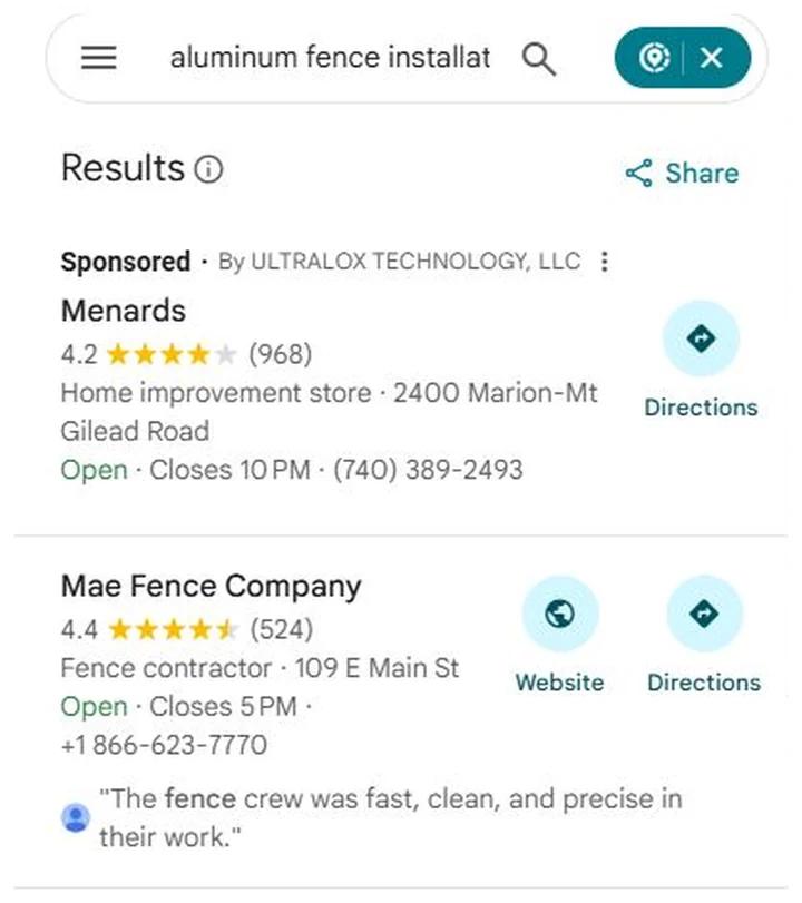Google Maps results for aluminum fence installation Fulton with Mae Fence Company at position 1
