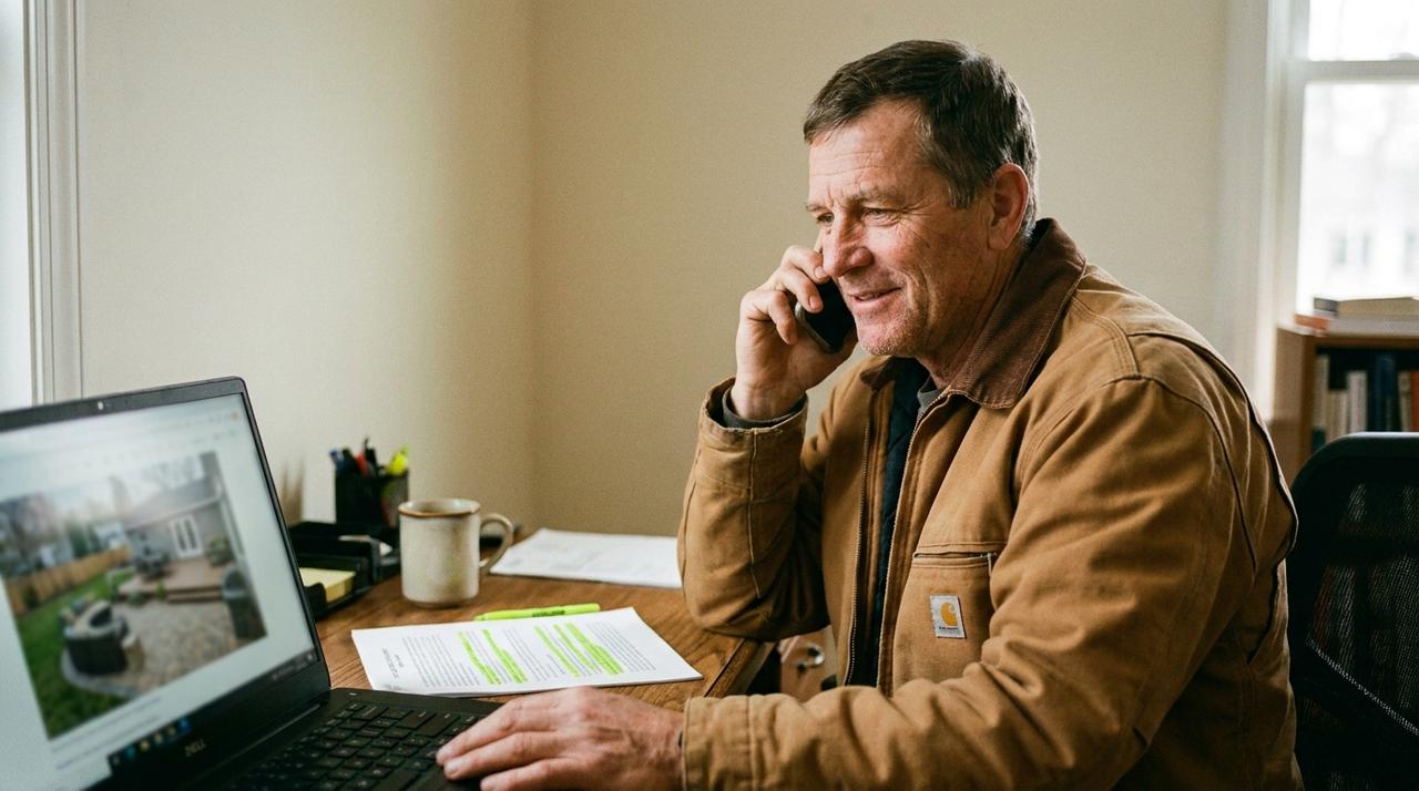 A contractor taking a customer call at his desk, his service page open on the laptop beside him