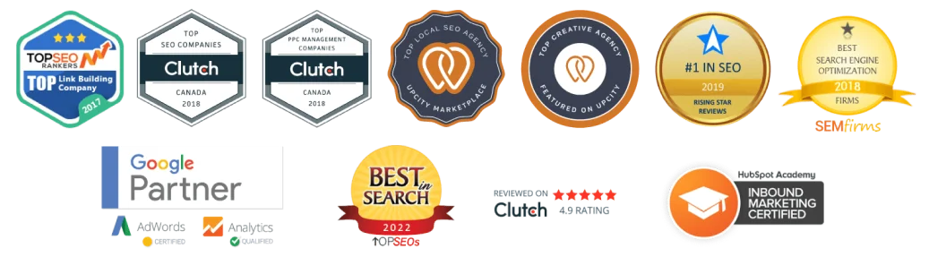 Awkward Media SEO awards from Clutch, UpCity, TopSEO, SEMFirms, Rising Star, Best in Search, Google Partner and HubSpot