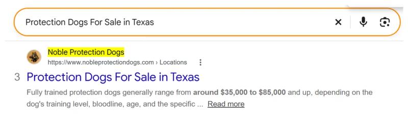 Google result 3: Noble Protection Dogs for Protection dogs for sale in Texas