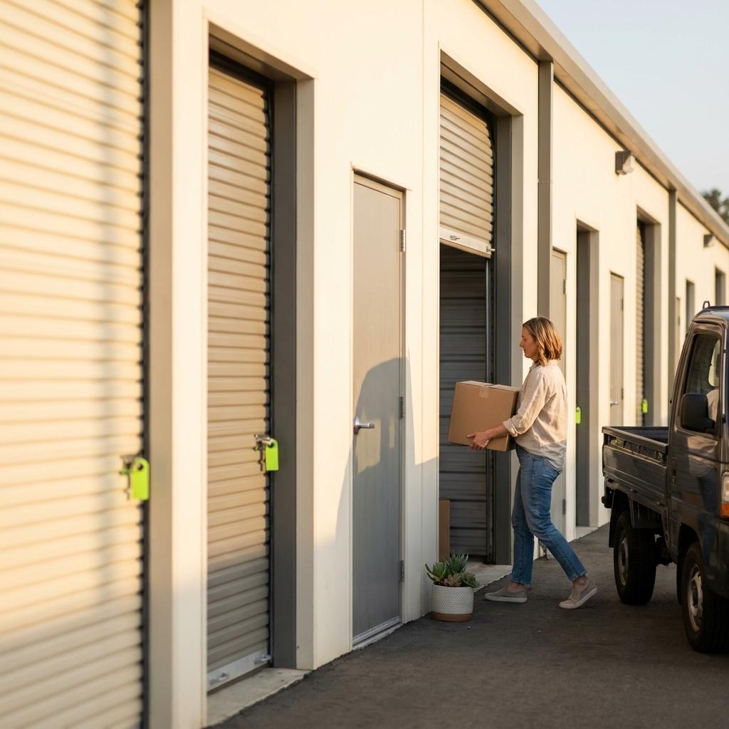 A woman carries a moving box into an open drive-up storage unit, with a small truck parked beside the row of units