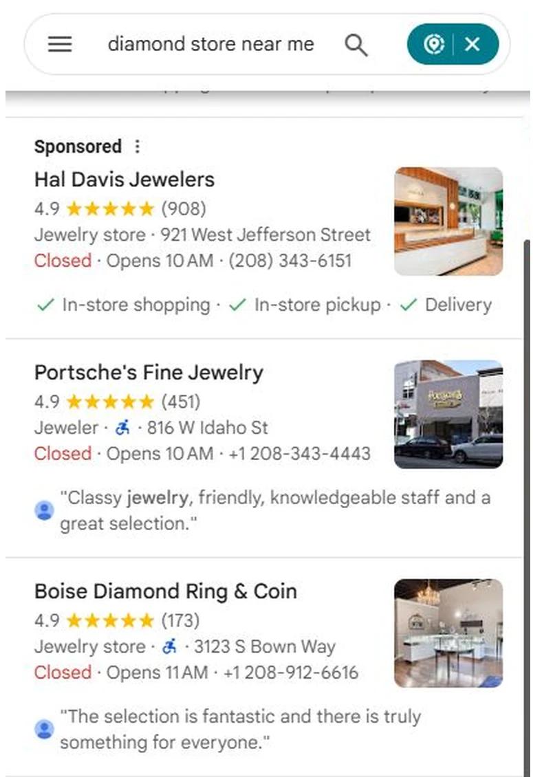 Google Maps results for Diamond Store Near Me with Boise Diamond at position 2