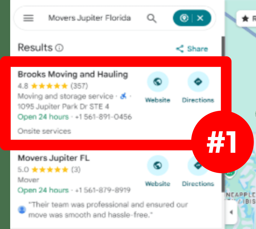 Google Maps results for Movers Jupiter Florida with Brooks Moving and Hauling listed first